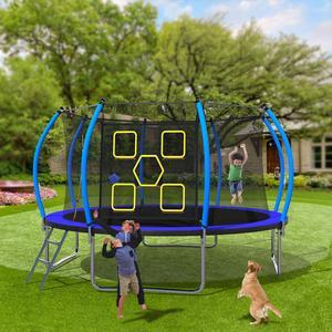 Mersco 14FT Kid Trampoline Outdoor With Verstile Football and Baseball Net,Rebounder Trampoline For Kids And Adults With Safety Enclosure Net & Ladder, New Year And Birthday Gift Blue Red Blue