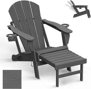 JiffyPoint Folding Adirondack Chair with Adjustable Back & Ottoman, Wood Grain HDPE All-Weather Poolside Chairs w/Cup Holders & Footrest for Fire Pit Campfire Deck Patio Outdoor Lawn, Grey