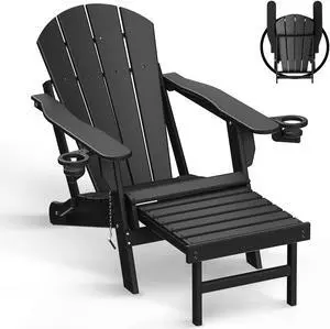 JiffyPoint Folding Adirondack Chair with Ottoman, HDPE Plastic All-Weather Poolside Chairs w/Cup Holders & Footrest for Fire Pit Campfire Deck Backyard Patio Outdoor Porch Lawn, Grey Black