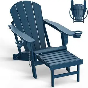 JiffyPoint Folding Adirondack Chair with Ottoman, HDPE Plastic All-Weather Poolside Chairs w/Cup Holders & Footrest for Fire Pit Campfire Deck Backyard Patio Outdoor Porch Lawn, Grey Blue