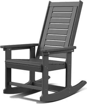 Outdoor Rocking Chair Wood Grain, HDPE All-Weather Porch Rocker, Oversized Plastic Rockers w/Wood Texture & High Back for Outside Indoor Living Room Backyard Balcony Garden Patio Grey