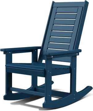 Outdoor Rocking Chair Wood Grain, HDPE All-Weather Porch Rocker, Oversized Plastic Rockers w/Wood Texture & High Back for Outside Indoor Living Room Backyard Balcony Garden Patio Blue