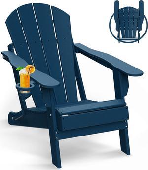 JiffyPoint Folding Adirondack Chairs Wood Grain, HDPE All-Weather Wood Texture Fire Pit Chairs with Cup Holder, Plastic Campfire Chair for Deck Backyard Patio Outdoor Poolside Porch Lawn,  Blue