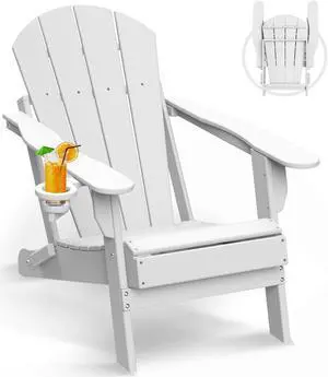 JiffyPoint Folding Adirondack Chairs Wood Grain, HDPE All-Weather Wood Texture Fire Pit Chairs with Cup Holder, Plastic Campfire Chair for Deck Backyard Patio Outdoor Poolside Porch Lawn,White
