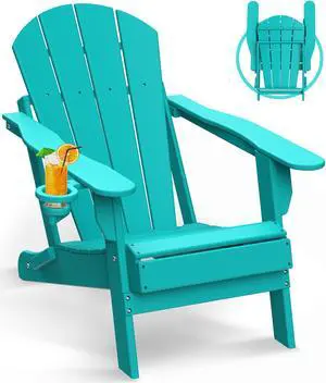 JiffyPoint Folding Adirondack Chairs Wood Grain, HDPE All-Weather Wood Texture Fire Pit Chairs with Cup Holder, Plastic Campfire Chair for Deck Backyard Patio Outdoor Poolside Porch Lawn, Aqua