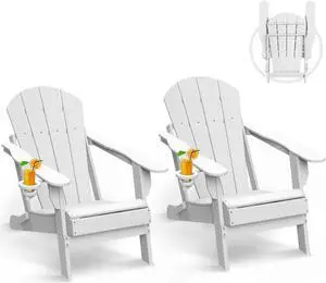 JiffyPoint Folding Adirondack Chairs Wood Grain, HDPE All-Weather Wood Texture Fire Pit Chairs with Cup Holder, Plastic Campfire Chair for Deck Backyard Patio Outdoor Poolside Porch Lawn,White 2 Pack