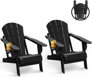 JiffyPoint Folding Adirondack Chairs Wood Grain, HDPE All-Weather Wood Texture Fire Pit Chairs with Cup Holder, Plastic Campfire Chair for Deck Backyard Patio Outdoor Poolside Porch Lawn,Black 2 Pack
