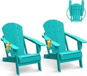 JiffyPoint Folding Adirondack Chairs Wood Grain, HDPE All-Weather Wood Texture Fire Pit Chairs with Cup Holder, Plastic Campfire Chair for Deck Backyard Patio Outdoor Poolside Porch Lawn, Aqua 2 Pack