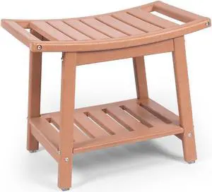 JiffyPoint 21.8W Shower Bench Seat Waterproof, HDPE Shower Stool-for Inside Shower Bathroom Benches w/Storage Shelf & Handles, Indoor Outdoor Use BROWN