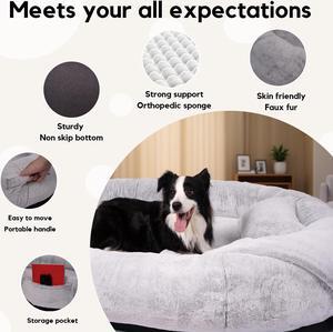 JiffyPoint Human Dog Bed for People Adults,71"x45"x14" Human-Sized Dog Bed for Large Dogs Giant Orthopedic Dog Bean Bag Bed,Washable Faux Fur Nap Bed for Humans with Blanket and Pillow,Grey