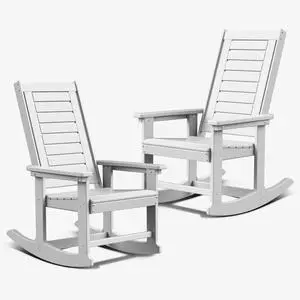 Outdoor Rocking Chair Wood Grain, HDPE All-Weather Porch Rocker, Oversized Plastic Rockers w/Wood Texture & High Back for Outside Indoor Living Room Backyard Balcony Garden Patio White Set of 2