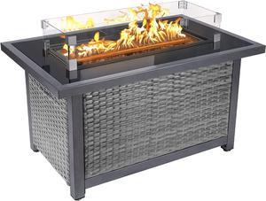 44inch Outdoor Propane Fire Pit Table, 50000 BTU Auto-Ignition Wicker Rattan Patio Gas Fire Pit with Wind Guard, Tempered Glass Tabletop and Glass Beads Gray
