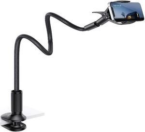 Gooseneck Phone Holder for Bed - Overall Length 38.6in, Flexible Leather Wrapped Arm, 360 Adjustable Clamp Clip, Overhead Cell Phone Mount Stand for Desk, Compatible with All Cellphone (4-7)