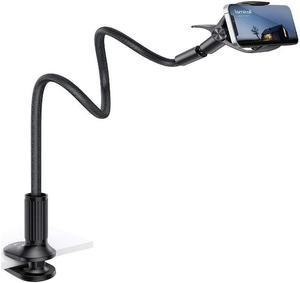 Gooseneck Phone Holder for Bed - Overall Length 38.6in, Flexible Leather Wrapped Arm, 360 Adjustable Clamp Clip, Overhead Cell Phone Mount Stand for Desk, Compatible with All Cellphone (4-7)