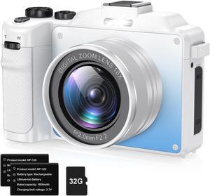 Cameras for Photography,4K Digital Camera,48MP Vlogging Camera for Youtube,Multi-Filters Point and Shoot Camera,WiFi Travel Camera with Auto Focus,18X Zoom,32G TF Cards,2 Batteries for Beginners-White