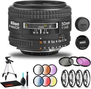 Nikon AF NIKKOR 50mm f/1.4D Lens Includes Filter Kits and Tripod (Intl Model) Bundle