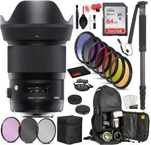 Sigma 28mm f/1.4 DG HSM Art Lens for Sony E Mount (441965) with: Sandisk 64gb SD Card, 9PC Filter Kit + More