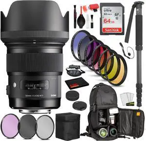 Sigma 50mm f/1.4 DG HSM Art Lens for Nikon F with Bundle: Sandisk 64gb SD Card, 9PC Filter Kit + More