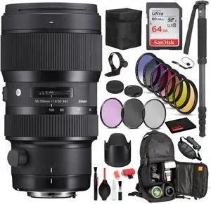 Sigma 50-100mm f/1.8 DC HSM Art Lens for Nikon F with Bundle Includes: Sandisk 64gb SD Card, 9PC Filter Kit + More