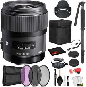 Sigma 35mm f/1.4 DG HSM Art Lens for Nikon F with Bundle Includes: 3PC Filter Kit + 70? Monopod + More