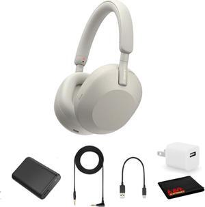 Sony WH-1000XM5 Noise-Canceling Wireless Over-Ear Headphones (Silver), 30 Hours Playback Time, Hands-Free Calling, Alexa Voice Control - Kit with Charging Cube and Portable Charger