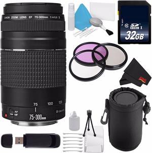 Canon EF 75-300mm f/4-5.6 III Telephoto Zoom Lens 6473A003 + 58mm 3 Piece Filter Kit + SD Card USB Reader + 32GB SDHC Class 10 Memory Card + Deluxe Starter Kit + Deluxe Lens Pouch Bundle