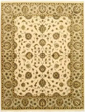 Hand Knotted Wool & Silk Beige Traditional Oriental Flower Jaipur Rug, Made in India