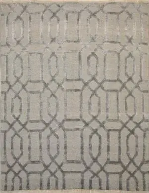 Hand Knotted Wool & Viscose Gray Transitional Geometric Links Rug, Made in India