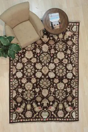 Hand Knotted WOOL/B.SILK Brown Floral Floral Modern Sik Knotted Rug, Made in India