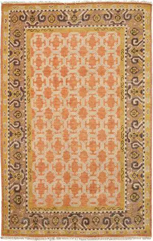 Hand Knotted Wool Orange Traditional Oriental Kotan Rug, Made in India