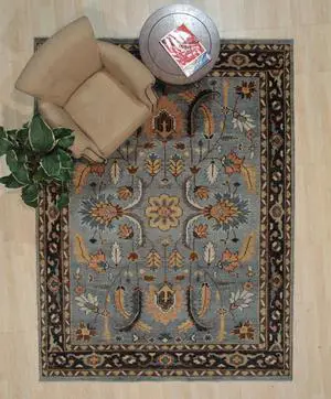 Hand Knotted Wool Gray / E.BLUE Traditional Classic Colorful Mahal Classic Rug, Made in India
