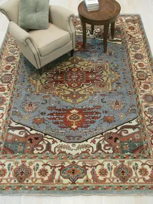 Hand Knotted Wool Blue Traditional Geometric Serapi Rug, Made in India