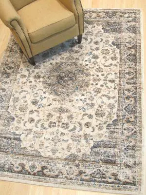 EORC FL33IV5X7 Machine-made Polypropylene Distressed Bohemian Isabella Medallion Rug, 5' 3 x 7' 3, Ivory