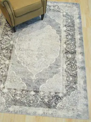 Gray Distressed Bohemian Moderno Medallion Rug, Made in India