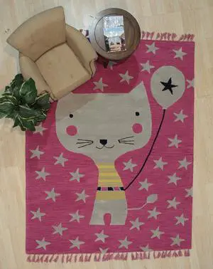 Hand-Tufted Wool Pink Transitional Animal Children Tufted Rug, Made in India