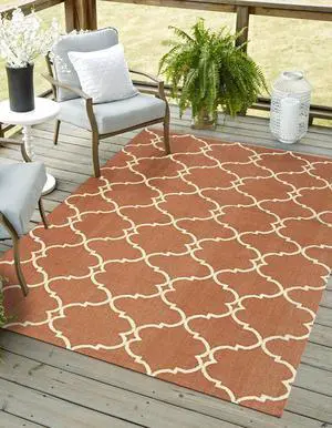 Handmade Polyester Orange Transitional Trellis Reversible Moroccan Outdoor Rug, Made in India