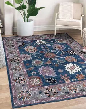 Hand Knotted Wool T.BLUE / Gray Traditional Classic Colorful Mahal Classic Rug, Made in India