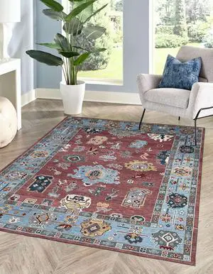 Hand Knotted Wool Rust / SKY BLUE Traditional Classic Colorful Mahal Classic Rug, Made in India