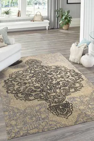 Hand-Tufted Wool Ivory Bohemian Oriental Medallion Rug, Made in India