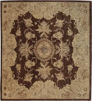 Hand Knotted Wool Brown Traditional Medallion Agra Rug, Made in India