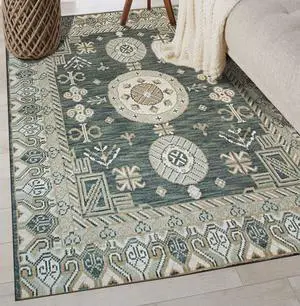 Hand Knotted Wool Green Traditional Oriental Khotan  Rug, Made in India