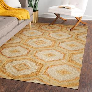 Hand-Tufted Wool Gold Transitional Geometric Geometric Rug, Made in India