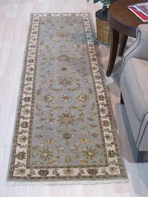 Gray/blue/Green Hand Knotted Wool Traditional Oriental Agra Rug, Made in India