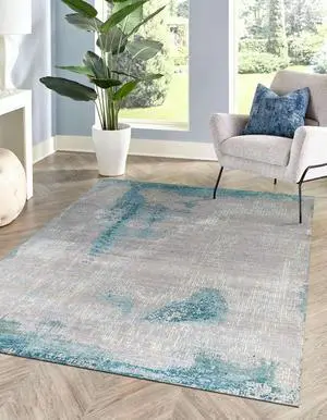 Gray / AQUA Transitional Abstract Traditional Knot Area Rug, Made in India