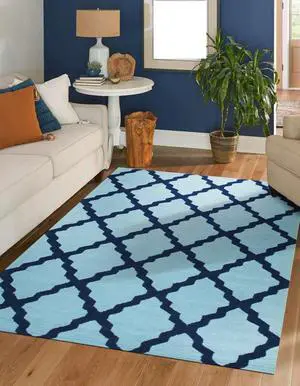 Blue Traditional Trellis Geometric Moroccan Area Rug, Made in India