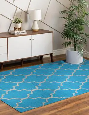 Light Blue Traditional Trellis Geometric Moroccan Area Rug, Made in India