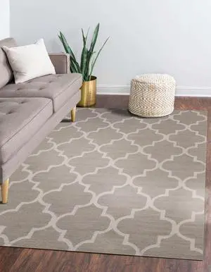 Light Gray Traditional Trellis Geometric Moroccan Area Rug, Made in India