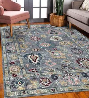 Hand Knotted Wool Gray Traditional Classic Colorful Mahal Classic Rug, Made in India