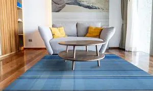 Hand-Knotted Wool Denim Contemporary Plaid Flat Weave Rug, Made in India
