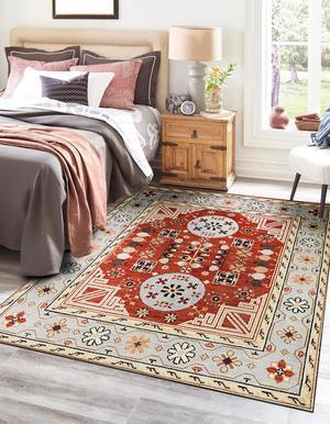 Hand Knotted Wool Rust Traditional Floral Khotan Weave  Rug, Made in India